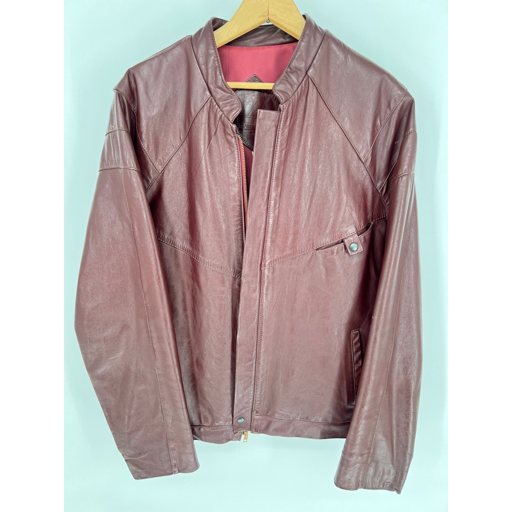 Vintage Brazilian Real Leather Bomber Jacket Mens 44 Burgundy Zip Up Retro
